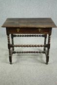 Side table, William and Mary oak with plank top on bobbin turned and stretchered base. Probably with