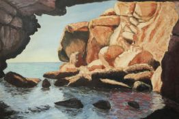Paul Riunaud. A mid century oil on canvas. A sea view from a cave. Signed lower right and titled '