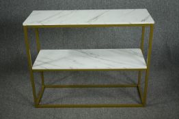 Display stand or etagere, contemporary metal framed with faux marble top and under tier. H.81 W.