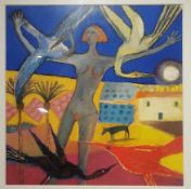 Paddy Robinson, a framed and glazed surrealist acrylic on paper of a lady with birds, monogrammed