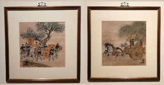 Two 20th century Japanese ink paintings on paper. One of a procession with dignitary on horse back