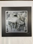 An overlaid photographic type print on aluminium and floated on a black mount. Signed
