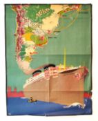 Nelson-Line to South-America - Highland Monarch early 20th century travel poster, showing map with
