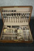 Canteen for six, Mappin and Webb silver plate, complete and in fitted oak box. H.11 W.44 D.30cm.