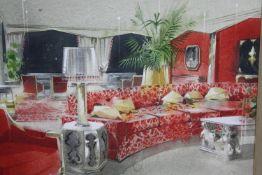 Watercolour, mid century interior, unsigned, framed and glazed. H.43 W.53cm.