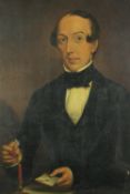 Oil on canvas, portrait of a gentleman sealing a letter. H.112 W.90cm.