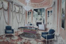 Watercolour, mid century interior, unsigned, framed and glazed. H.41 W.56cm.