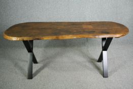 Dining table, rough hewn hardwood top on metal X trestle base. H.76 W.184 D.78cm.