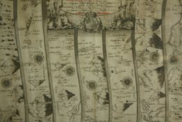 Map, engraved framed and glazed, 19th century John Ogilby, strip map Carmarthen to Aberystwyth. H.60