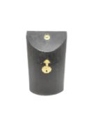 An 18th century leather effect knife box with marbled paper interior and brass fittings containing
