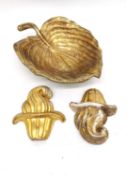 A Michael Aram gilded sculptural leaf bowl, signed to underside of stalk and two 19th century carved