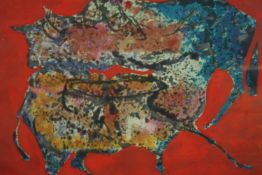 Laszlo Sari Schalk, watercolour, abstract study of two bulls, signed and dated. H.65 W.78cm.