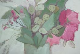 A glazed and framed acrylic on paper, flower study, initialled and signed Anne de Geus and inscribed