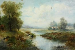 Oil on canvas, 19th century English School riverscape, signed R Lambert. H.37 W.69cm.