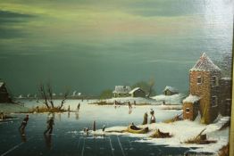 Oil on panel, 19th century style Dutch skating scene, indistinctly signed in gilt frame. H.35 W.