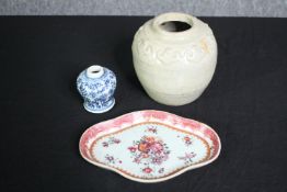 A Chinese ginger jar, small vase and card dish. H.14cm. (largest)