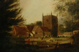 Oil on canvas, English School Churchyard, unsigned, unframed. H.36 W.46cm.