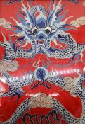 A framed and glazed late 19th-early 20th century Chinese silk embroidery, a blue, white and gold