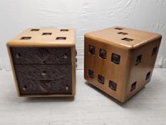 A pair of hardwood bedside cabinets, carved and inset and in the form of a pair of dice. H.70 W.60