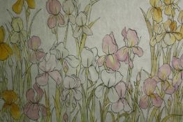 Watercolour, a bed of irises, indistinctly signed, unframed. H.77 W.100cm.