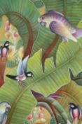 Acrylic on canvas, a variety of exotic birds in a Balinese jungle, signed. H.122 W.40cm.