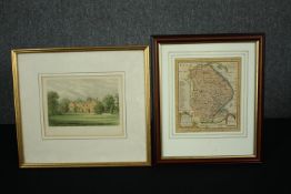 A framed and glazed tinted lithograph of a country house, an 18th century copper engraved map of
