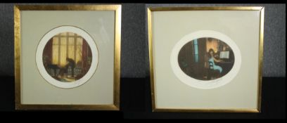 Two etchings, a couple in an interior, signed indistinctly, both framed and glazed. H.47 W.47cm.