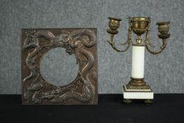 A small 19th century gilt metal and marble candelabra along with metal frame decorated with