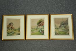 A set of three watercolours, bucolic village scenes, signed Stanley A Burchett. H.56 W.48cm. (each).
