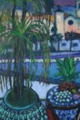 A framed oil on board, Mediterranean balcony, signed Gillian Sylvester. H.100 W.79cm.