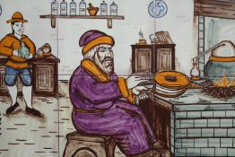 A painted Spanish tile mural of a metal worker and his apprentice. H.40 W.60cm.