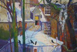Oil on canvas, Urban snow scene, initialled CK, gallery label to the reverse, 