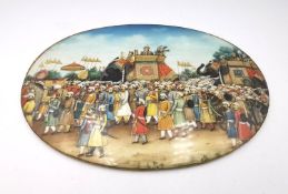 A 19th century Indian Mughal oval miniature on ivory of a royal procession, Akbar Shah II on