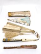 A collection of four 19th century hand painted and embroidered fans. Three with mother of pearl