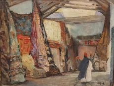 Emma Ruff, oil on board of an eastern market, signed and label verso. Framed. H20.5 W.17cm