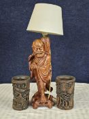 A Chinese God Longevity lamp along with two Chinese Bamboo brush pots. Vase is H.60cm. Pots are H.19