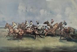 A large framed and glazed signed limited edition horse racing print. H.80 W.120cm.