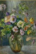 A framed and glazed still life study, label to the reverse; Pyrethrums and Poppies, Kay Hinwood. H.