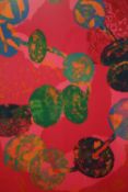 A framed and glazed screen print of a string of beads on a pink ground, signed Lucy Crouch and