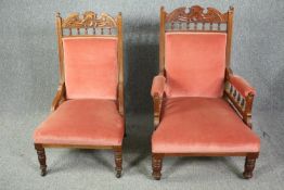 A Victorian beech armchair and the matching nursing chair.