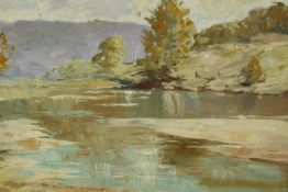 Oil on board, mid century; Somewhere on the Murrumbidgee, signed J Bradford. H.41 W.48cm.