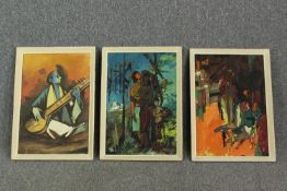 Three framed oils on board, mid century figural works, two by the same hand, each indistinctly