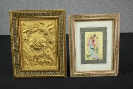 An Indian painting, two figures, and an embossed brass plaque, both in well inlaid bone and hardwood