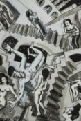 A framed and glazed ink drawing, surreal study, signed Ken Cox. H.45`W.34cm.