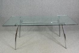 Dining table, contemporary chrome and plate glass. H.73 W.180 D.90cm.