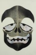 A framed and glazed mixed media collage of a skull, indistinctly signed. H.68 W.49cm.