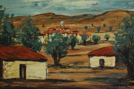 A framed oil on board, Mediterranean houses amongst olive trees, signed H Peter. H.45 W.60cm.