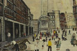 Oil on board, industrial scene in the manner of Lowry, monogrammed and dated, framed. H.36 W.38cm.