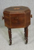 A Georgian mahogany and satinwood inlaid cellarette, fitted interior with lift out zinc liners. H.65