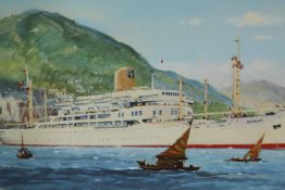 A framed watercolour of a ship. H.24 W.30cm.